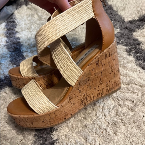Steve Madden Elika Cream Braided Fabric Cork Wedge heel sandals 7 - Picture 3 of 7